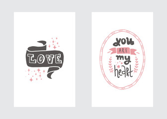 Vector set of post cards, invitations with hand drawn lettering, flowers and decorative elements. Boho and vintage style