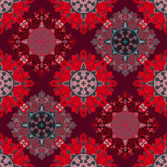 Vector abstract seamless patchwork pattern. Arabic tile texture with geometric and floral ornaments, stylized flowers, dots and lace. Vintage vector card.