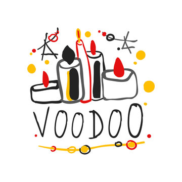 Kid s style drawing Voodoo magic logo or label template design with stars and candles. Spiritual theme creative print. Hand drawn mystical vector illustration