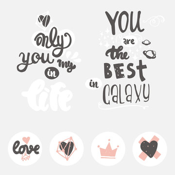 Cute Hand drawn positive vector lettering about love. The beauty brush modern calligraphy for prints, posters, phone case, scrapbook, valentines day, wedding typography. Love is in the air
