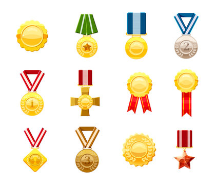 Gold medal icon set, cartoon style