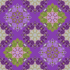 Vector abstract seamless patchwork pattern. Arabic tile texture with geometric and floral ornaments, stylized flowers, dots and lace. Vintage vector card.