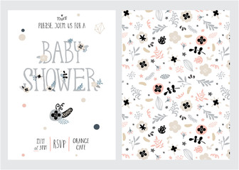 Baby shower girl and boy posters, vector templates. Vintage style with leaves, flowers, lettering. Cards with hand drawn text and elements on white background