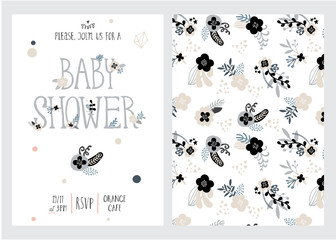 Baby shower girl and boy posters, vector templates. Vintage style with leaves, flowers, lettering. Cards with hand drawn text and elements on white background