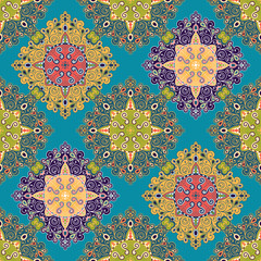 Vector abstract seamless patchwork pattern. Arabic tile texture with geometric and floral ornaments, stylized flowers, dots and lace. Vintage vector card.