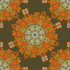 Vector abstract seamless patchwork pattern. Arabic tile texture with geometric and floral ornaments, stylized flowers, dots and lace. Vintage vector card.