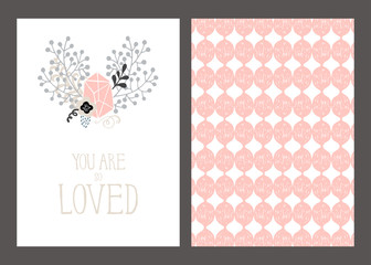 Vector set of post cards, invitations with hand drawn lettering, flowers and decorative elements i pastel colors. Romantic modern geometric and trendy banners, love messages. Fashionable greeting card