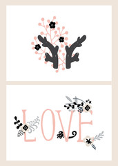 Vector set of post cards, invitations with hand drawn lettering, flowers and decorative elements. Boho and vintage style