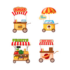 Street cart shop icon set, cartoon style