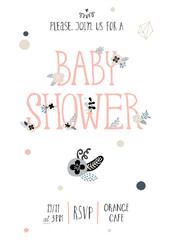 Baby shower girl and boy posters, vector templates. Vintage style with leaves, flowers, lettering. Modern and trendy cards with hand drawn text and elements on white background
