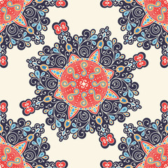 Vector abstract seamless patchwork pattern. Arabic tile texture with geometric and floral ornaments, stylized flowers, dots and lace. Vintage vector card.