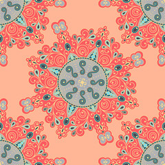 Vector abstract seamless patchwork pattern. Arabic tile texture with geometric and floral ornaments, stylized flowers, dots and lace. Vintage vector card.