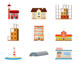 Buildings icon set, cartoon style