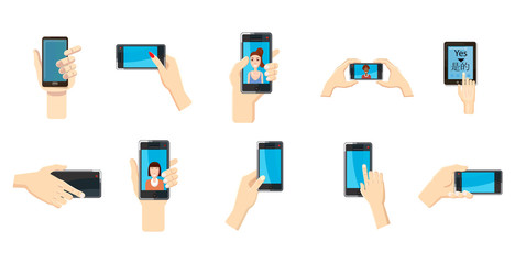 Smartphone in hand icon set, cartoon style