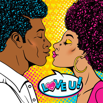 Wow couple. Happy man and sexy woman in profile with afro hairstyle stretch to each other for a kiss and Love you speech bubble. Vector background in retro pop art comic style. Valentines day poster.