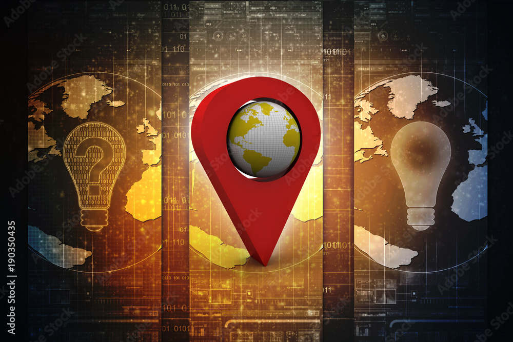 Fototapete 3d rendering red map pointer with world map