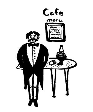 drawing image waiter in dress coat and in butterfly covers on table in cafe, sketch by hand drawn comic vector illustration
