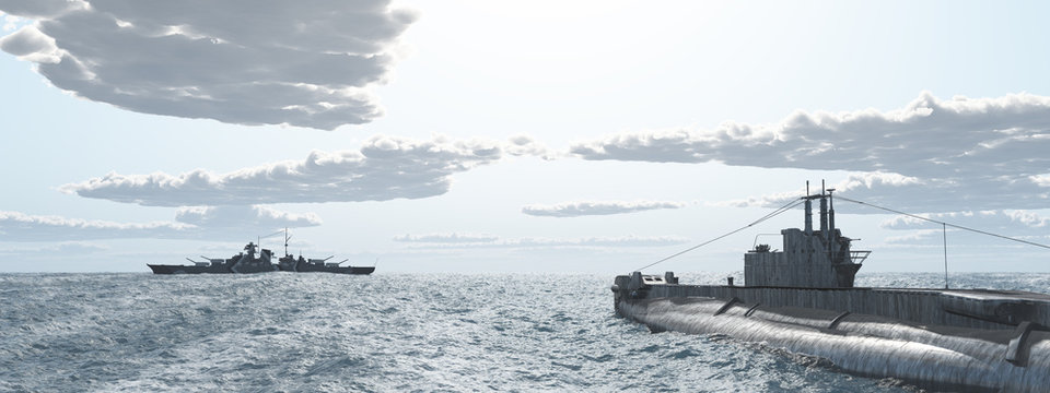 Britisches Unterseeboot und deutsches Schlachtschiff aus dem Zweiten Weltkrieg