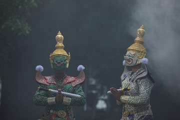 The pantomime (Khon) Thai traditional dance of the Ramayana dance drama on the beach, thailand..