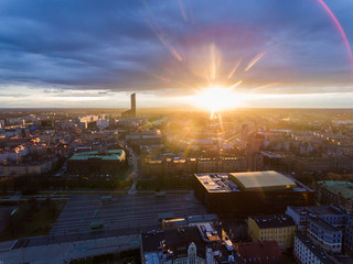 Aerial: Dark tower of Wroclaw at sunset