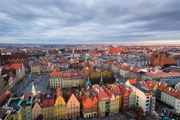 Aerial: Old town of Wroclaw at sunset