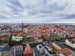 Fototapeta na wymiar Aerial: Old town of Wroclaw at sunset