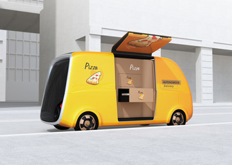 Rear view of self-driving pizza delivery parking side of road. Last one mile concept. 3D rendering image.