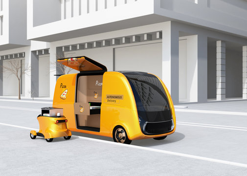 Self-driving pizza delivery van and drone in the street. Last one mile concept. 3D rendering image.