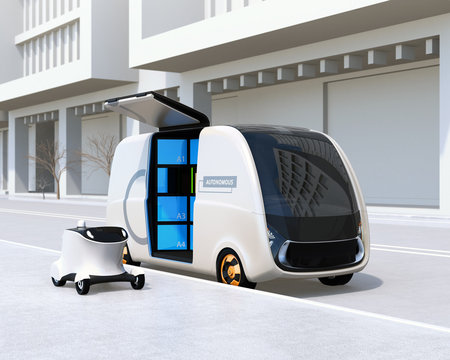 Self-driving delivery van and drone in the street. Last one mile concept. 3D rendering image.