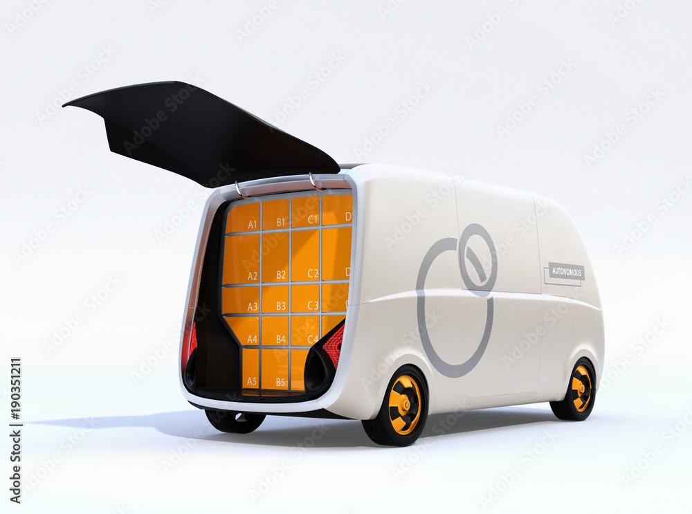 Poster self-driving delivery van's rear gate opened. user can pick up their parcel from the locker. automat