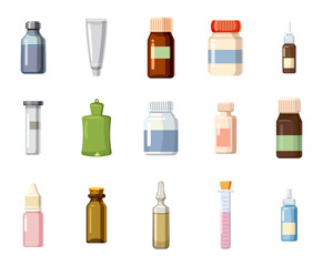 Medical bottle icon set, cartoon style