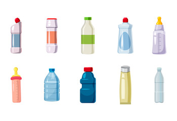 Plastic bottle icon set, cartoon style