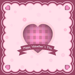 Happy Valentines Day greeting card with heart and inscription in the middle. Flowers in the background.