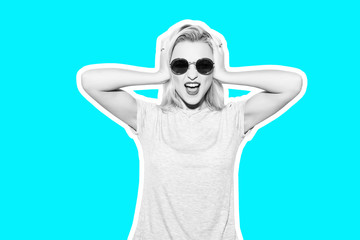 Collage in magazine style with colorful emotional fashion short hair blonde Rocky woman white toned blue background. Crazy girl in t-shirt and rock sunglasses scream holding her head.
