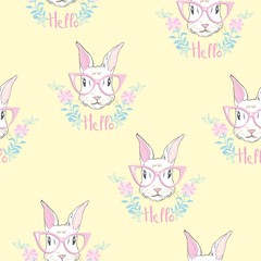 cute seamless pattern with watercolor rabbits. Easter bunnies and dots