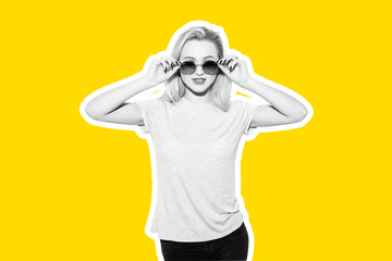 Collage in magazine style with colorful emotional fashion short hair blonde Rocky woman white toned...