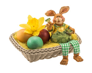 Easter basket with decorative clay bunny and eggs