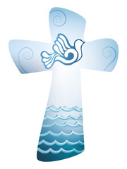 Christian cross baptism. Holy spirit symbol with dove and sea