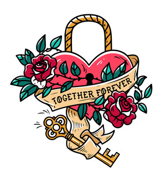 Heart shaped lock. Tattoo heart under lock and key. Together forever. Heart entwined in climbing rose tattoo. Old school