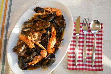fish soup with prawns and mussels