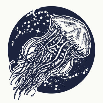 Jellyfish tattoo and t-shirt design. Jellyfish floats in deep space. Symbol of wandering, deep sea, travel, meditation