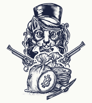 Cat robber tattoo. Сat gentleman with revolvers plunders cryptocurrency and bitcoins. Noble cat robber of banks tattoo and t-shirt design. Hacking and darknet symbol