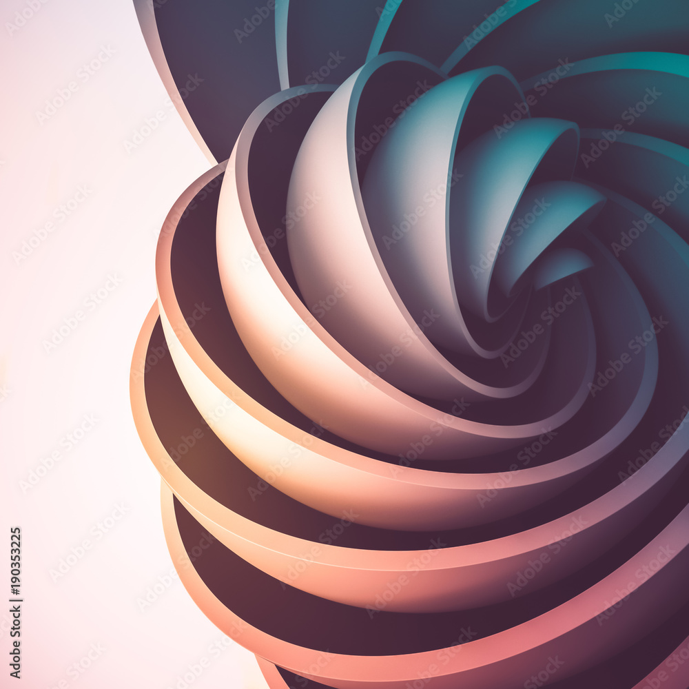 Poster 3d render abstract background. colorful illuminated shapes in motion. hemisphere revolve in a spiral