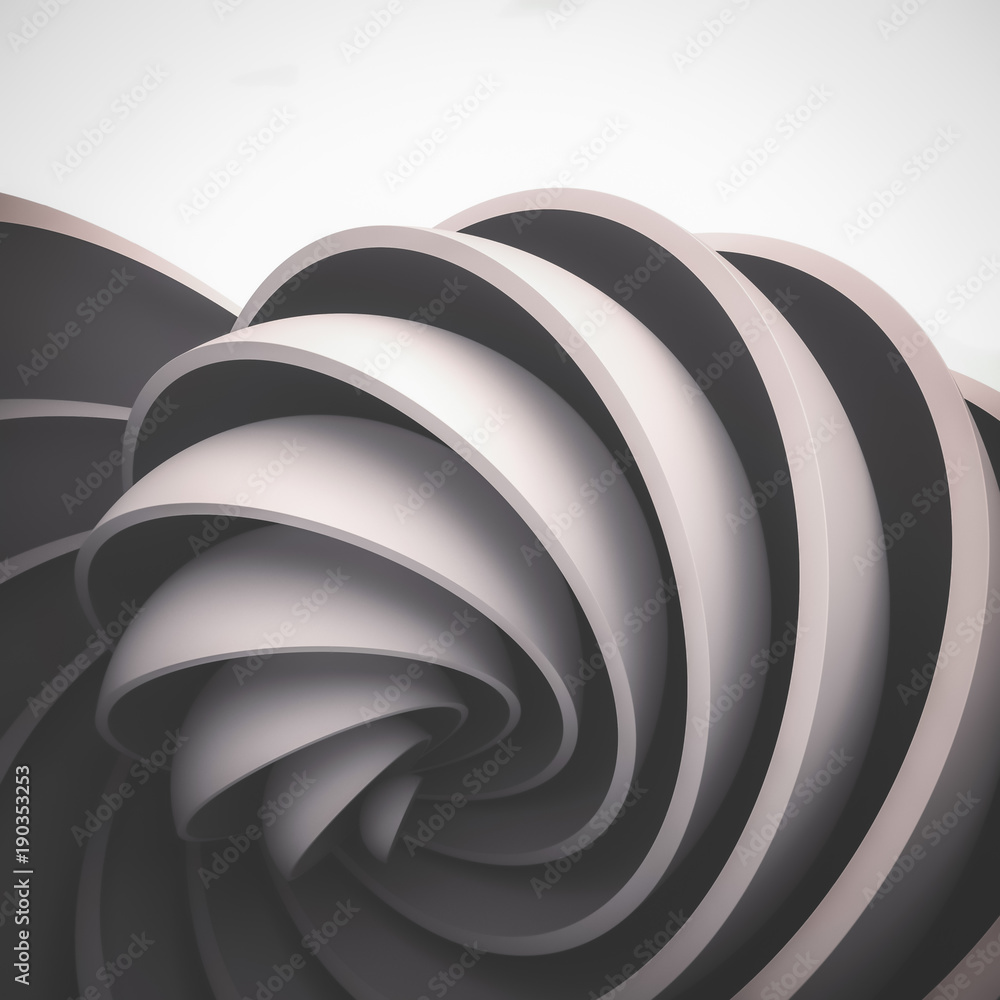 Poster 3d render abstract background. black and white shapes in motion. hemisphere revolve in a spiral. com