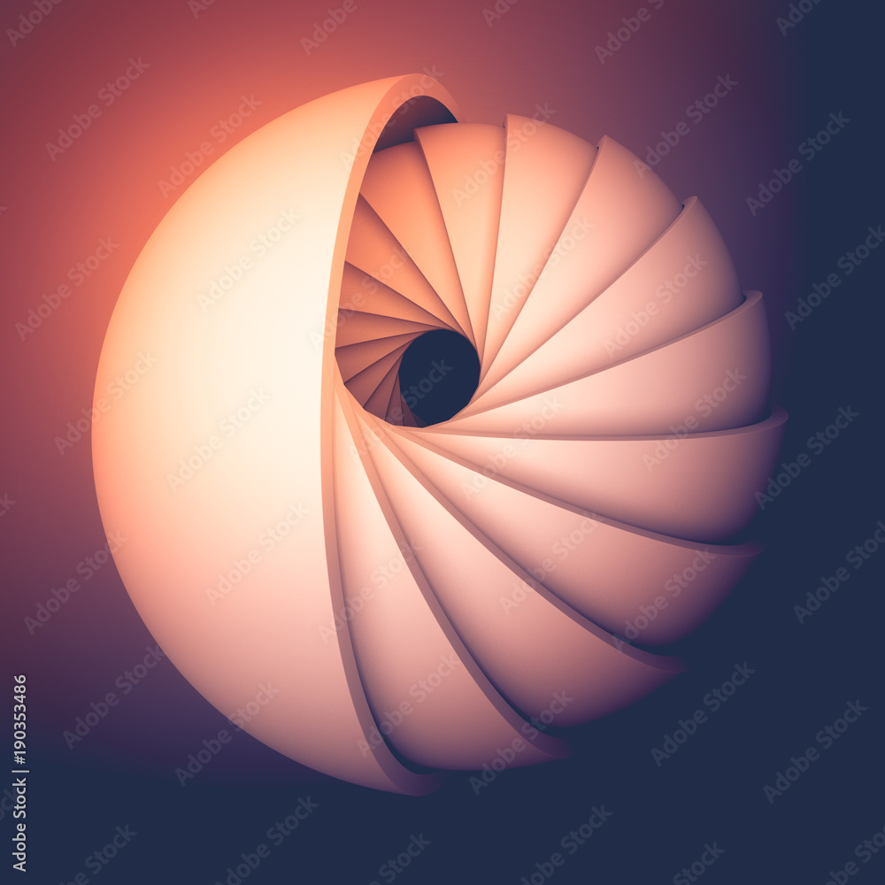 Poster 3d render abstract background. colorful illuminated shapes in motion. hemisphere revolve in a spiral
