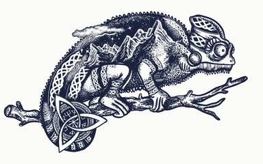 Chameleon double exposure tattoo art. Tourism symbol, tropical adventure, great outdoor, mountains. Chameleon lizard on a branch silhouette t-shirt design © intueri