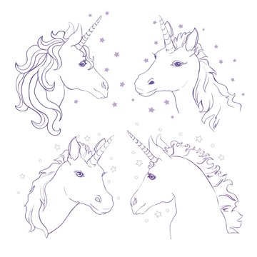 Sketch Unicorn, hand drawn ink illustration.Unicorn horse animal.White mythical horse head with long horn. Mythic symbol of fantasy horse