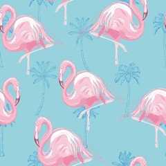 Beautiful seamless vector tropical pattern background with flamingo and hibiscus. Abstract texture, stripes. Perfect for wallpapers, web page backgrounds, surface textures, textile.