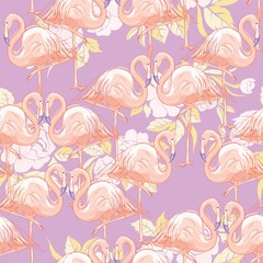 Beautiful seamless vector tropical pattern background with flamingo and hibiscus. Abstract texture,...