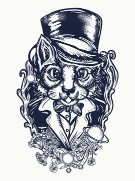 Cat gentleman tattoo and t-shirt design. Fashionable space cat in a retro jacket and art nouveau flowers tattoo